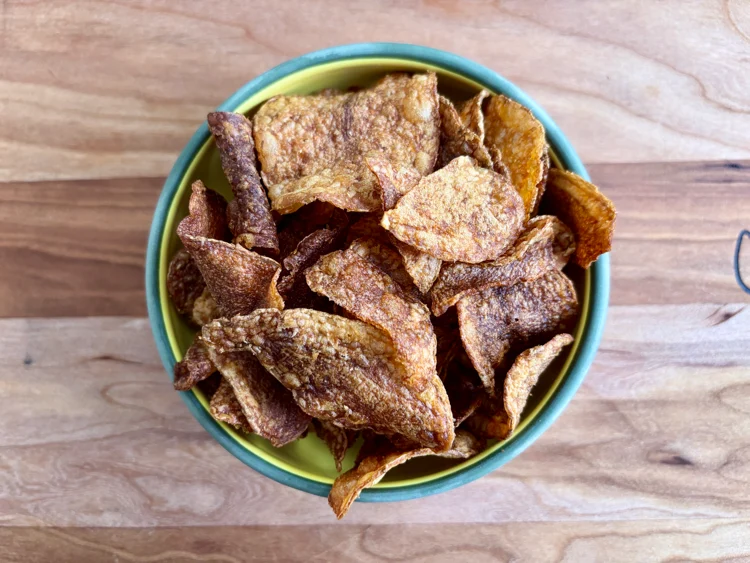 An overhead view of Utz Dark Russet potato chips.