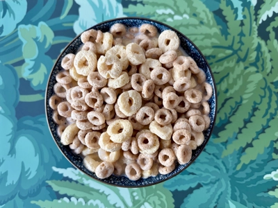 A bowl of cereal that is a low-sugar substitute for Lucky Charms from above
