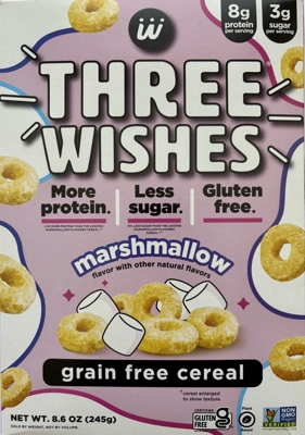 A box of Three Wishes Marshmallow flavored grain free cereal.